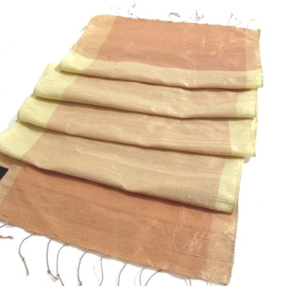None Accessories - Pastel Peach Gold Dupion Raw Silk Fringed Ribbon Scarf